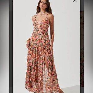 Tropics Plunge Neck Pleated Open Back Maxi Dress